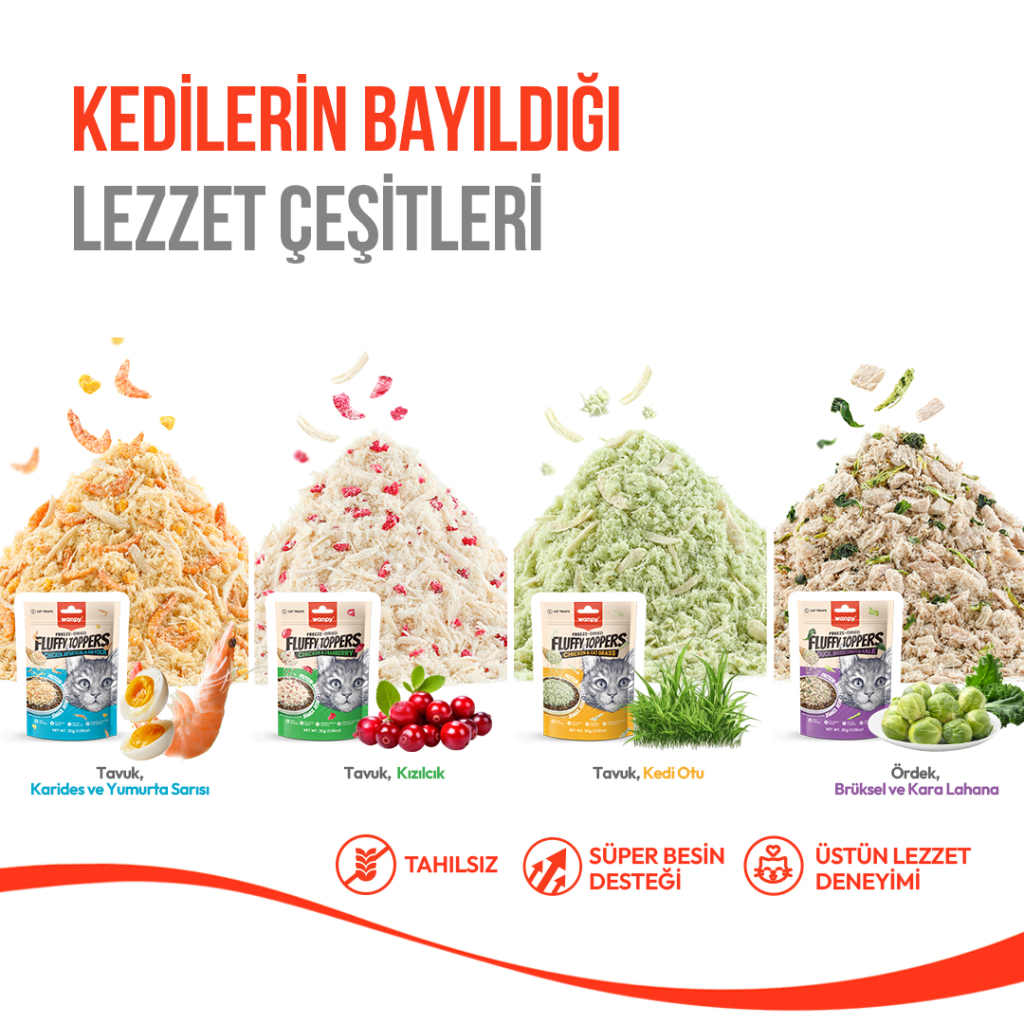 Wanpy Fluffy Topper Dondurularak Kurutulmuş Tavuk Karides ve Yumurta Sarılı Kedi Ödül Maması 30gr
