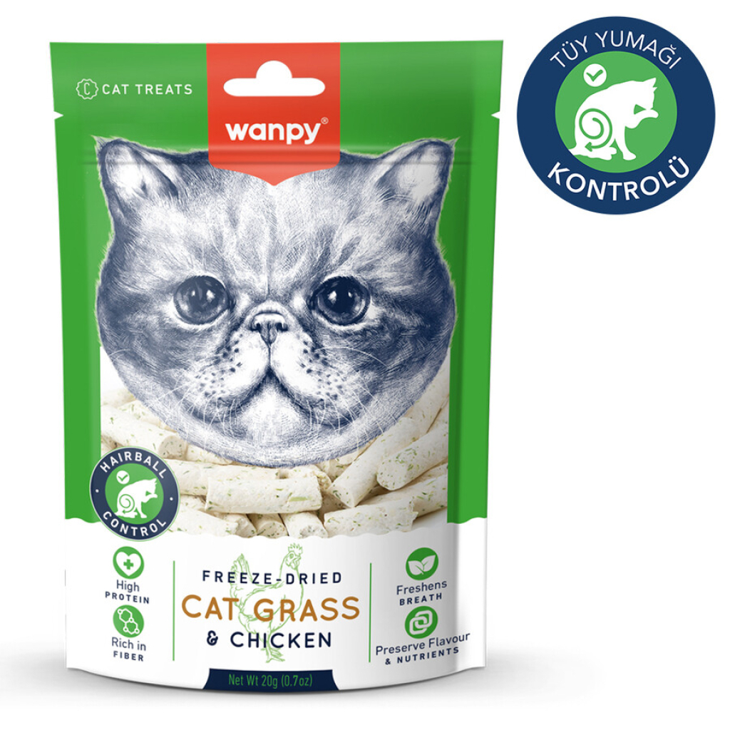 Wanpy Hairball Control Kedi Çimi ve Tavuklu Dondurularak Kurutulmuş Kedi Ödül Maması 20gr