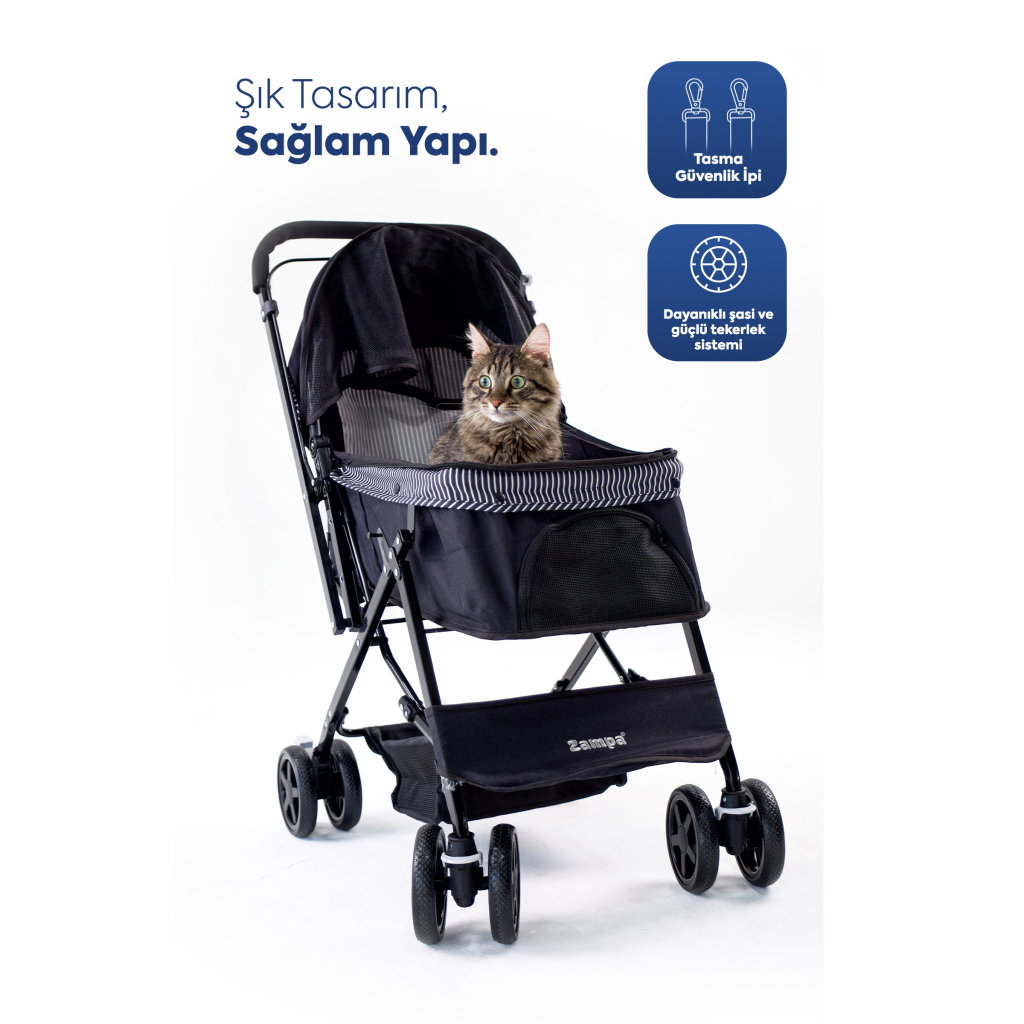 Zampa Nova Kedi ve Köpek Taşıma Arabası 52x76,5x95cm (Siyah)