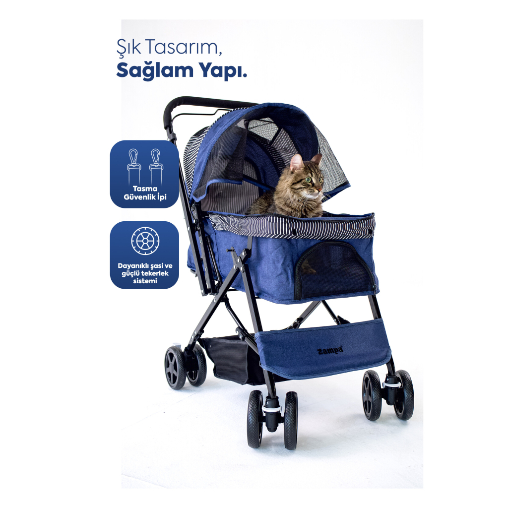 Zampa Nova Kedi ve Köpek Taşıma Arabası 52x76,5x95cm (Lacivert)