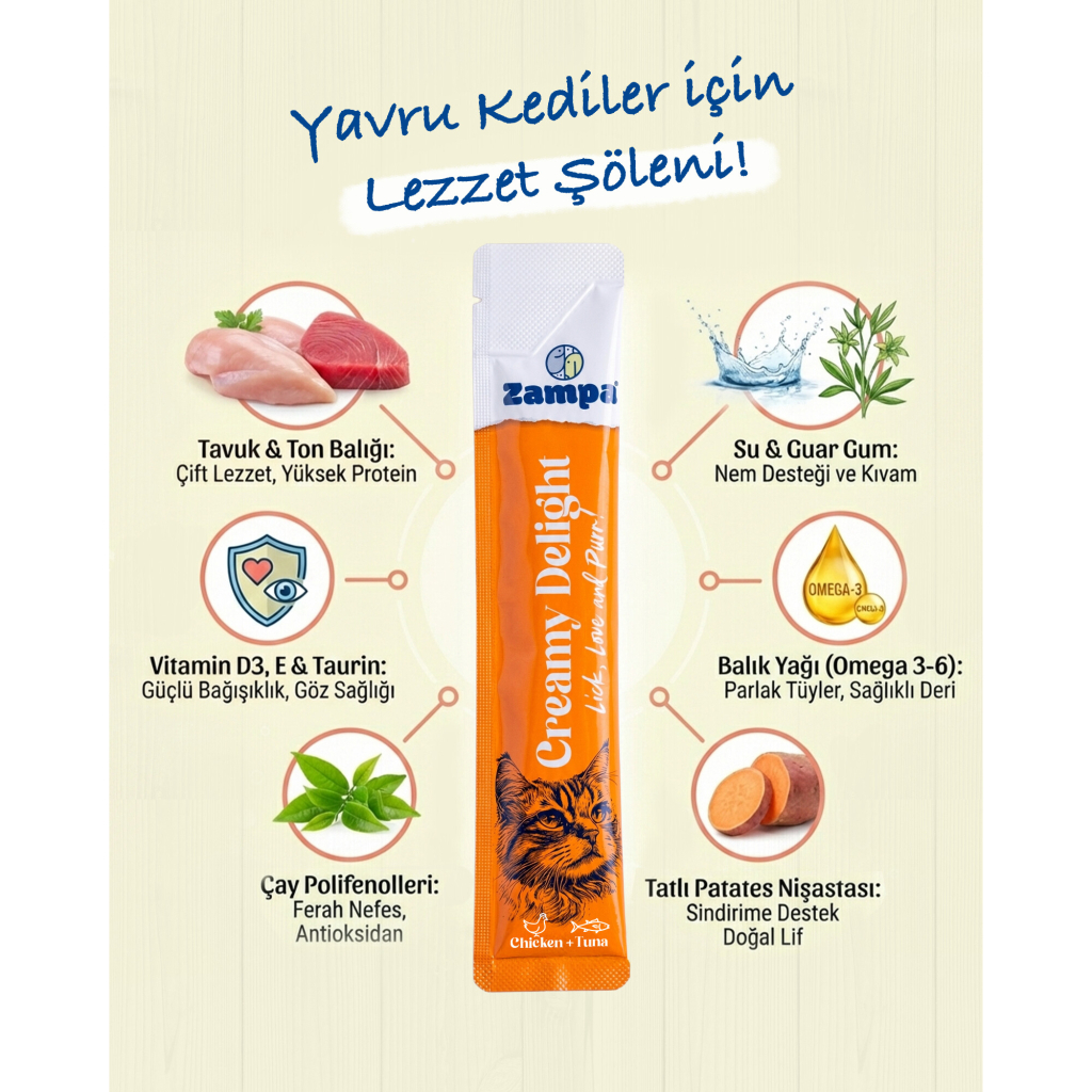 Zampa Tavuklu ve Tuna Balıklı Krema Kedi Ödül Maması 16gr (5'li)