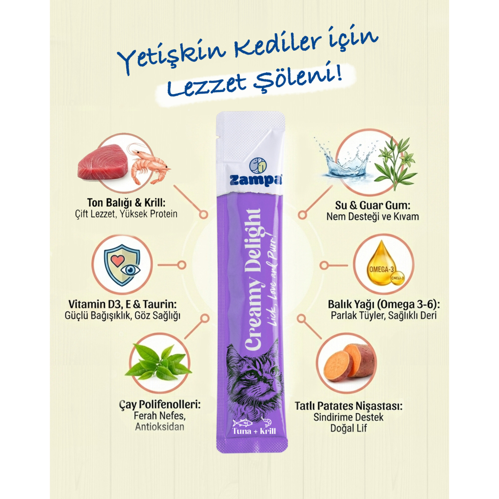 Zampa Krill ve Ton Balıklı Krema Kedi Ödül Maması 16gr (5'li)