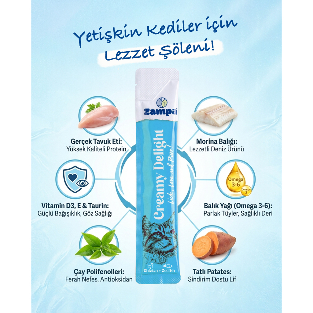 Zampa Tavuklu ve Morina Balıklı Krema Kedi Ödül Maması 16gr (5'li)
