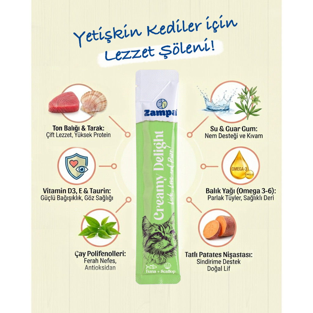 Zampa Ton Balıklı ve Deniz Taraklı Krema Kedi Ödül Maması 16gr (5'li)