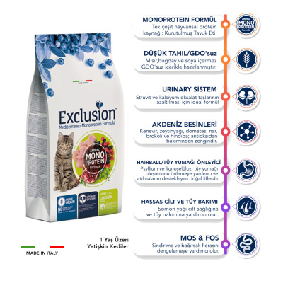 Exclusion Monoprotein Tavuklu ve Narlı Düşük Tahıllı Yetişkin Kedi Maması 12kg