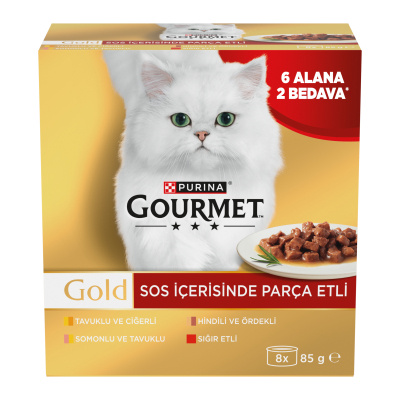 Gourmet Gold Soslu Parça Etli Karışık Çeşitli Yetişkin Kedi Konservesi 8x85gr (8 AL 6 ÖDE)