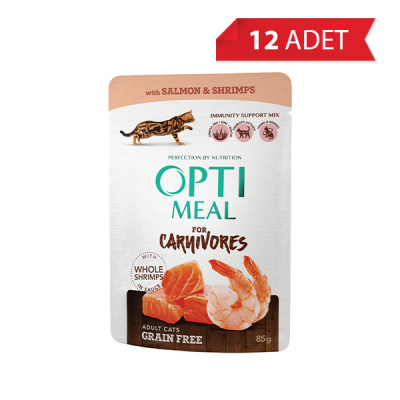 Optimeal Carnivores Sos İçinde Parça Somonlu ve Karidesli Yetişkin Kedi Konservesi 85gr (12 Adet)