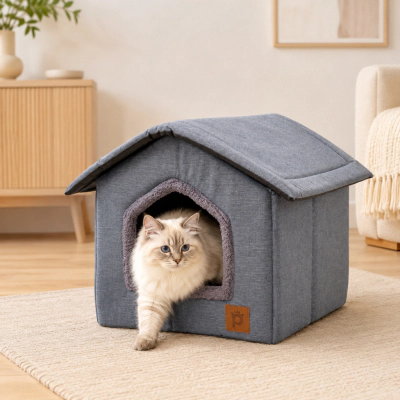 Petlebi Ev Modeli Kedi ve Küçük Irk Köpek Yatağı 40x40x40cm (Gri)