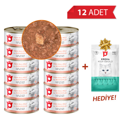 Petlebi Sos İçinde Fileto Taze Ton Balıklı ve Somonlu Kedi Konservesi 70gr (12 Adet)