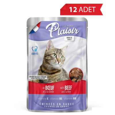 Plaisir Pouch Sos İçinde Sığır Etli ve Hindili Kısırlaştırılmış Kedi Konservesi 100gr (12 Adet)