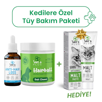 Vet's Plus Kedilere Özel Tüy Dökülmesi ve Tüy Yumağı Önleyici Paket+100gr Malt Macun HEDİYE!