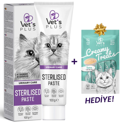 Vet's Plus Kısırlaştırılmış Kediler İçin Malt Kedi Macunu 100gr+5'li Krema Ödül HEDİYE!