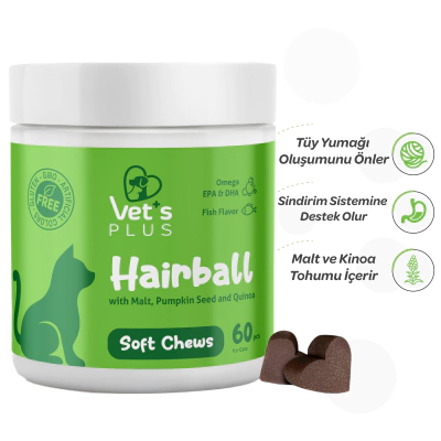 Vet's Plus Hairball Kediler İçin Malt ve Kinoalı Tüy Yumağı Önleyici Çiğnenebilir Tablet (60'lı)