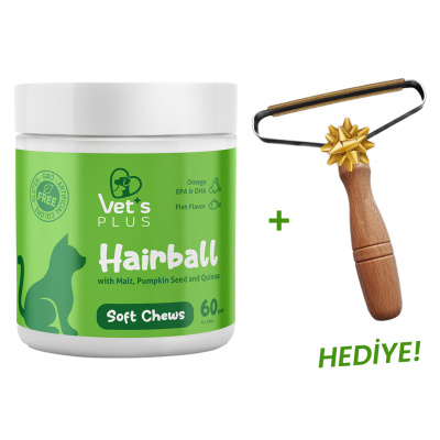 Vet's Plus Hairball Kediler İçin Tüy Yumağı Önleyen Çiğnenebilir Tablet (60'lı)+Tüy Toplama HEDİYE!