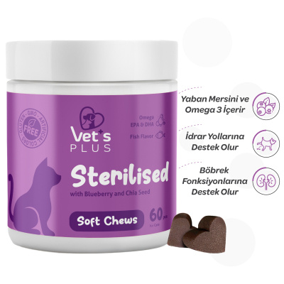 Vet's Plus Sterilised Kısırlaştırılmış Kediler İçin Yaban Mersinli Çiğnenebilir Tablet (60'lı)