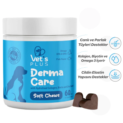 Vet's Plus Derma Care Kedi ve Köpekler İçin Deri ve Tüy Yapısı Desteği Çiğnenebilir Tablet (60'lı)