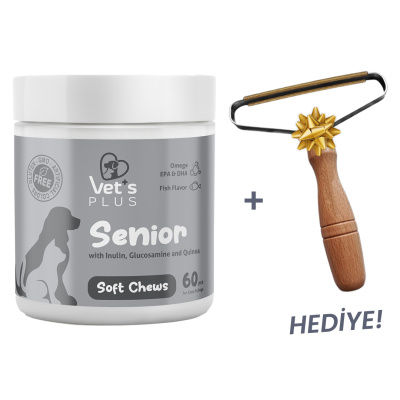 Vet's Plus Senior Yaşlı Kedi ve Köpekler İçin Çiğnenebilir Tablet (60'lı)+Tüy Toplama HEDİYE!