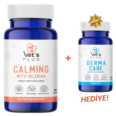 Vet's Plus Calming Kedi ve Köpekler İçin Sakinleştirici Tablet (75'li)+Derma Care Tablet HEDİYE!