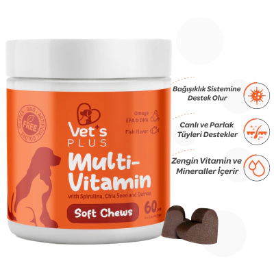 Vet's Plus Multi-Vitamin Kedi ve Köpekler İçin Spirulinalı Vitamin Çiğnenebilir Tablet (60'lı)