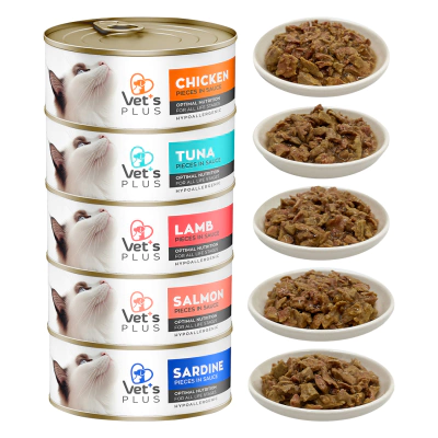 Vet's Plus Optimal Nutrition Karışık Çeşitli Tahılsız Kedi Konservesi 85gr (5 Adet)