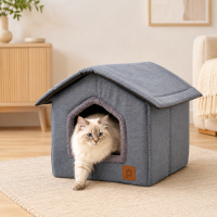 Petlebi Ev Modeli Kedi ve Küçük Irk Köpek Yatağı 40x40x40cm (Gri)