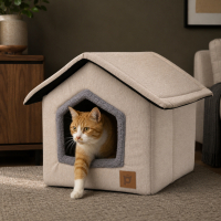 Petlebi Ev Modeli Kedi ve Küçük Irk Köpek Yatağı 40x40x40cm (Bej)