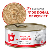 Petlebi Sos İçinde Tiftiklenmiş Taze Tavuk Etli ve Karidesli Kedi Konservesi 70gr