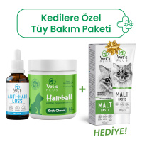 Vet's Plus Kedilere Özel Tüy Dökülmesi ve Tüy Yumağı Önleyici Paket+100gr Malt Macun HEDİYE!