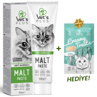 Vet's Plus Anti-Hairball Tüy Yumağı Önleyici Malt Kedi Macunu 100gr+5'li Krema Ödül HEDİYE!