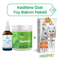 Vet's Plus Kedilere Özel Tüy Dökülmesi ve Tüy Yumağı Önleyici Paket+100gr Multi-Vitamin Malt HEDİYE!