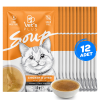 Vet's Plus Tavuklu ve Ciğerli Tahılsız Kedi Çorbası 50gr (12 Adet)
