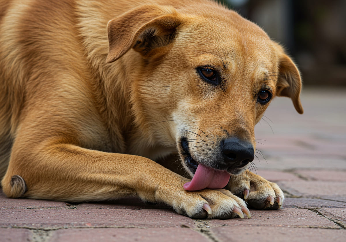 sokakta yatan, patisini yalayan köpek