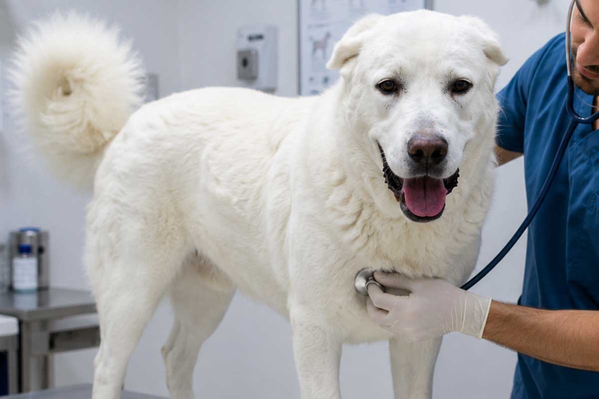sağlık muayenesi yapılan büyük beyaz köpek