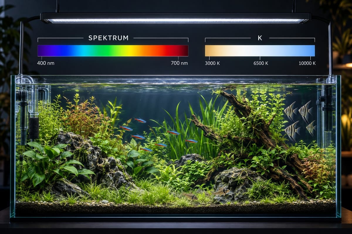 spektrum ve kelvin değerlerini görselleştiren aydınlatmalı akvaryum fotoğrafı