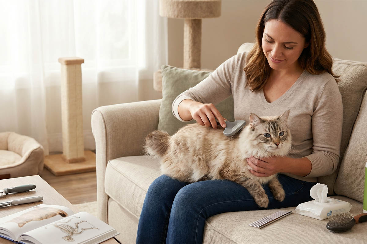 kadının kucağında tüylü kedi