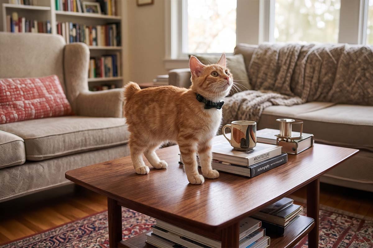 sehpanın üzerinde yukarı doğru bakan American Bobtail yavru