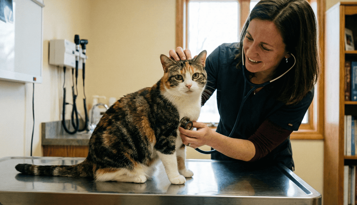 veteriner hekim kontrolünde calico American shorthair kedisi