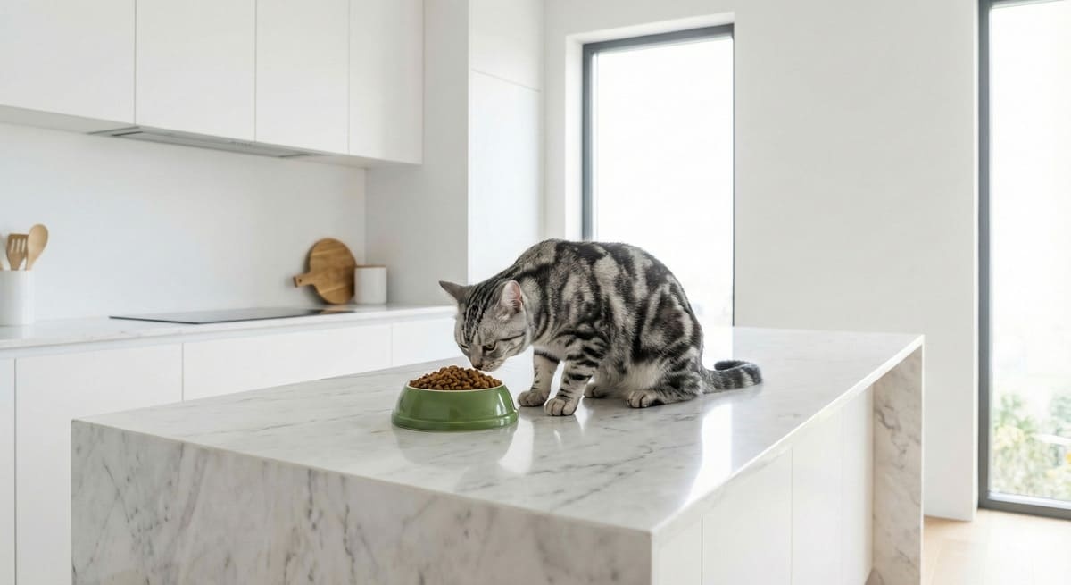 mermer mutfak tezgahında mama koklayan gri tekir kedi