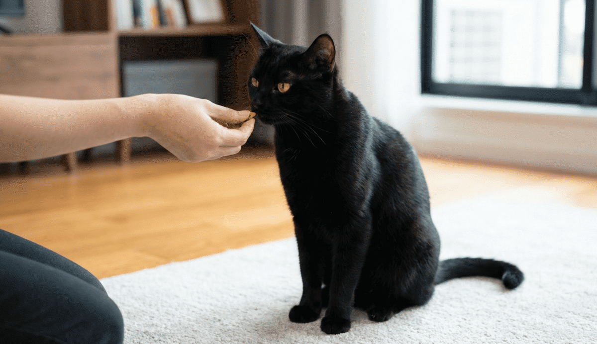 oturan siyah kediye ödül maması uzatılmış