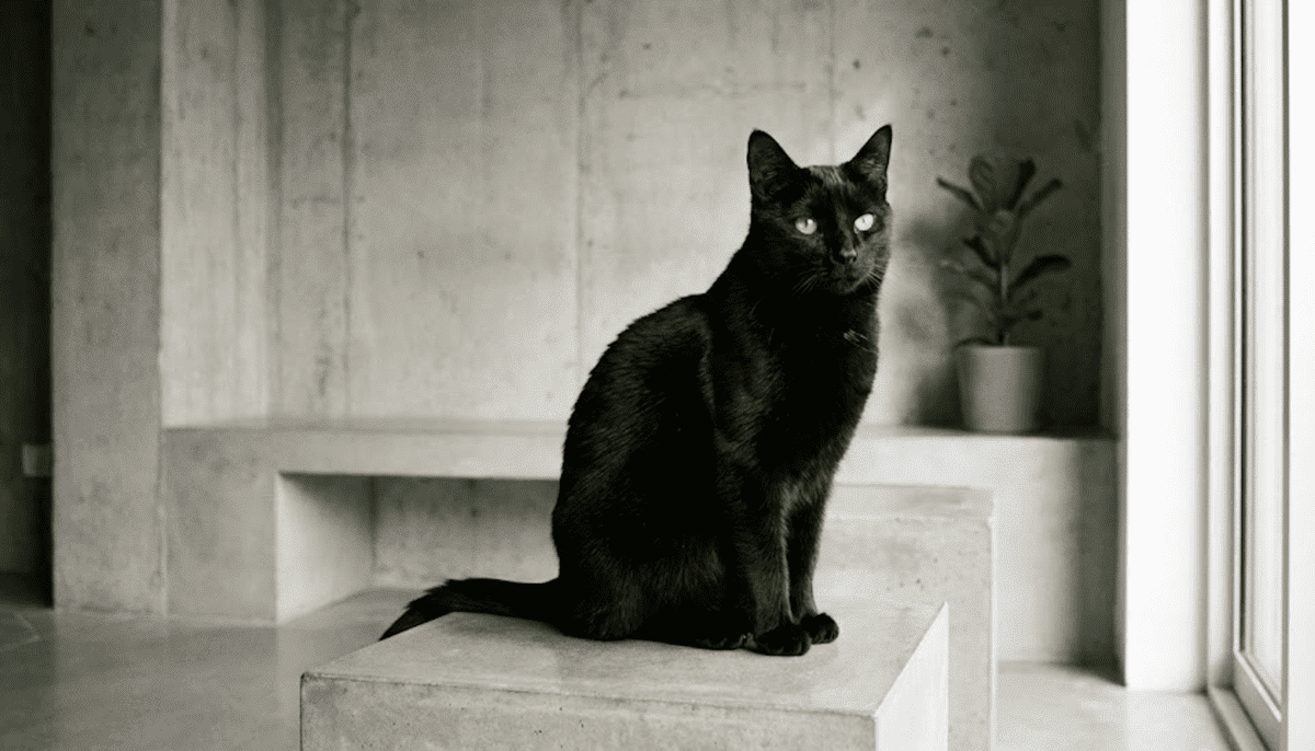 minimalist bir ortamda oturan simsiyah American shorthair kedisi