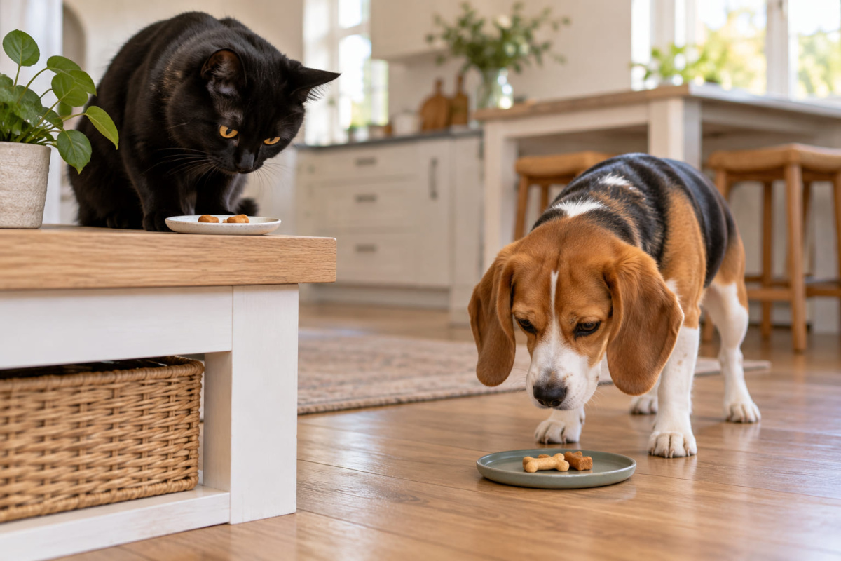 ayı yerde farklı bölümlerde ödül maması yiyen kedi ve köpek