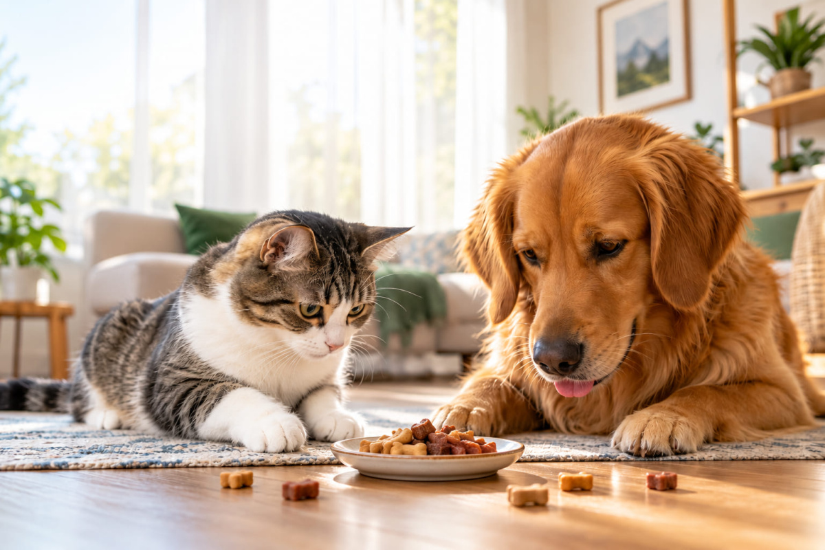 tabaktaki ödül mamasına bakan kedi ve köpek