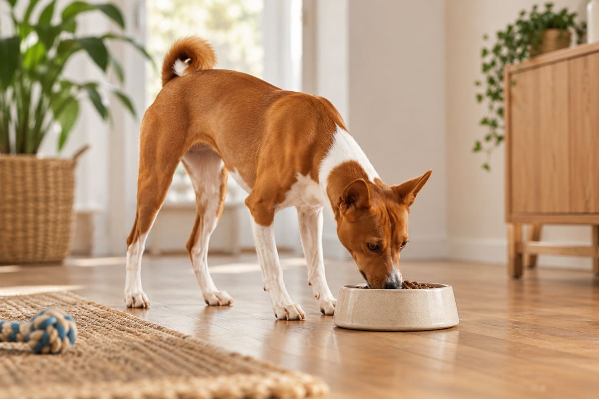 sıcak tonlarda dekore edilen odada mama yiyen Basenji köpek