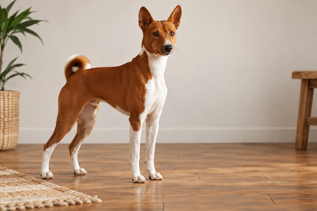 evde ayakta duran Basenji köpeği