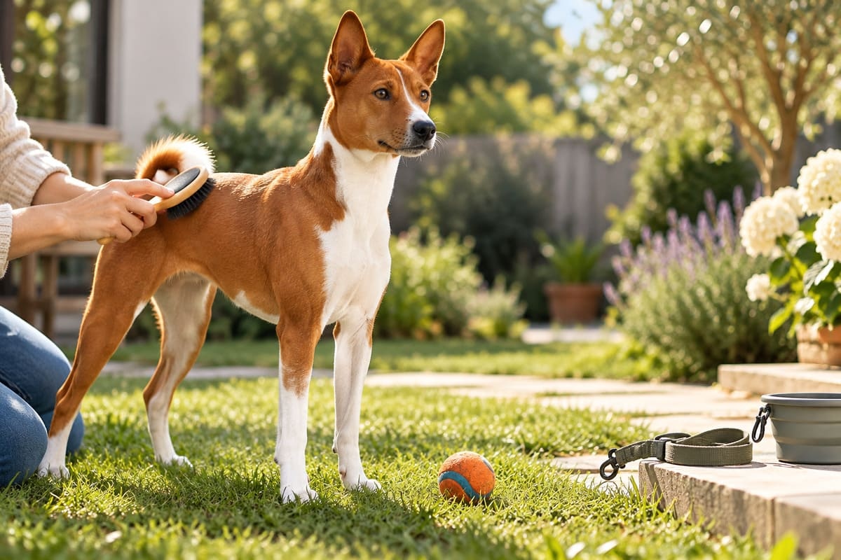 bahçede tüyleri fırçalanan Basenji köpeği