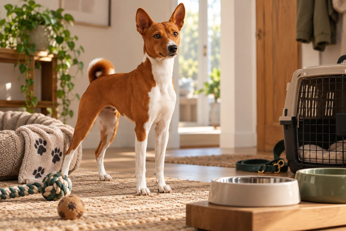 köpek eşyalarıyla dolu odada ayakta duran köpek