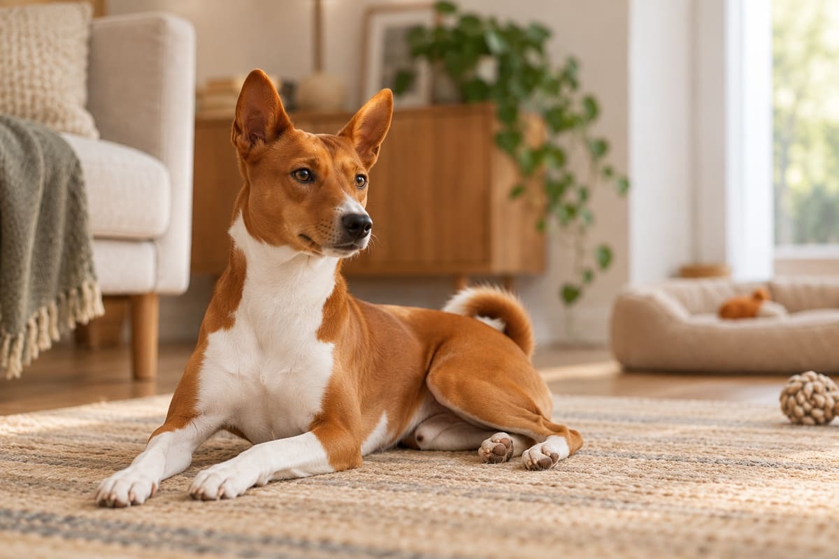 odada, halının üzerinde oturan Basenji