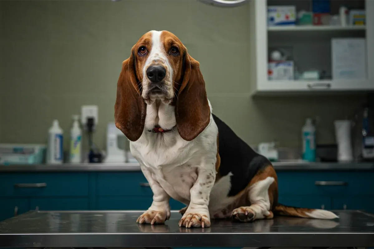 veteriner hekim kliniğinde oturan uzun kulaklı köpek