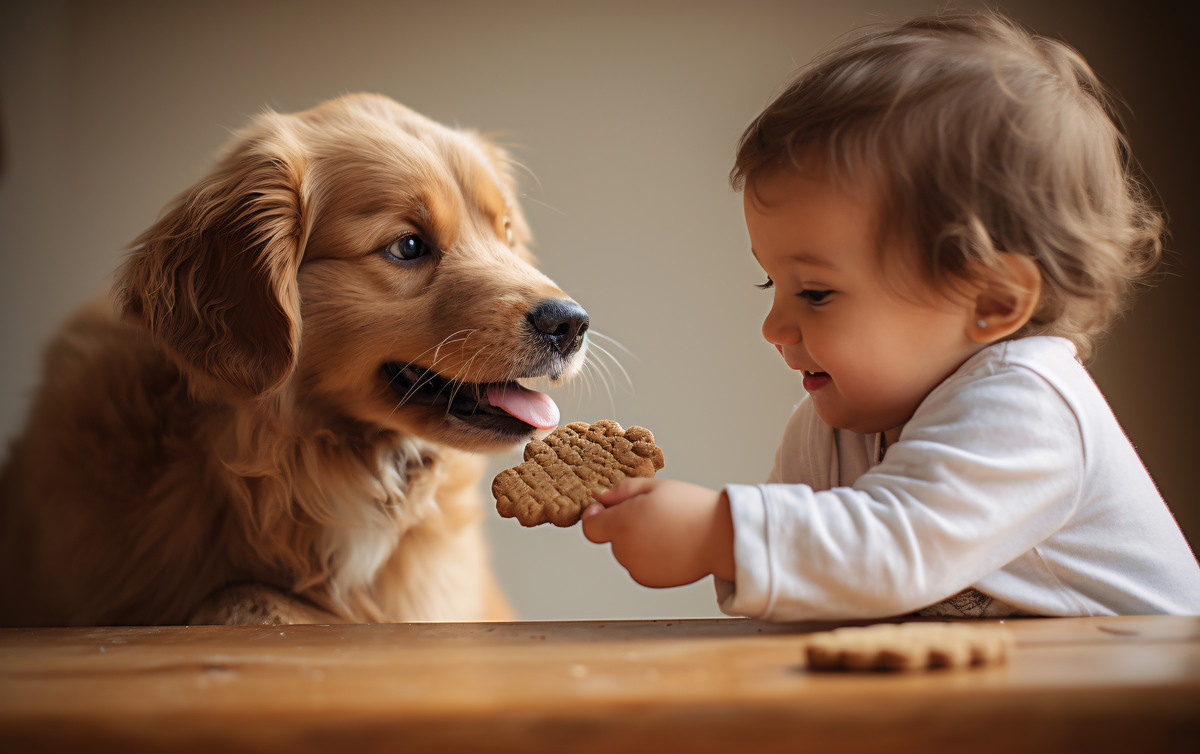 köpeğe bisküvi veren bebek