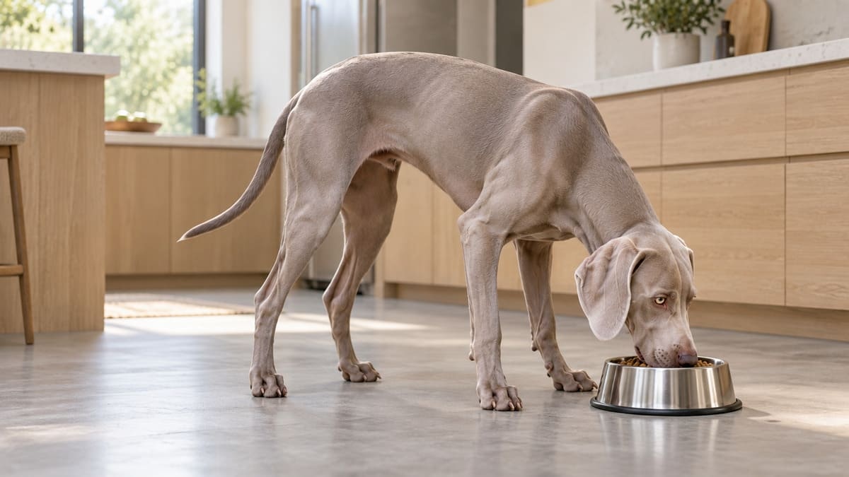 çelik mama kabından yemek yiyen Weimaraner köpek